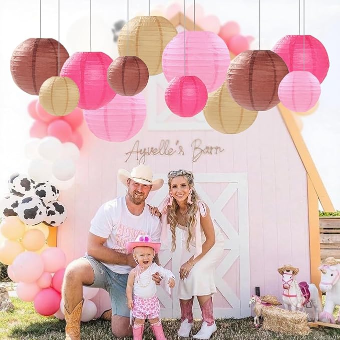 Pink Brown Paper Lanterns Decorative 12pcs Party Hanging Decorations for Western Cowgirl Party Birthday Retro Rodeo Party Supplies for Girls Baby Shower Western Room Decor
