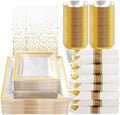 Goodluck 352-Piece Clear Plastic Dinnerware Set for 50 Guests, Includes: 100 Clear Square Plates with Gold Trim, 50 Rolled Napkins, 50 Cups, 50 Cutlery Set and 2 Tablecloths