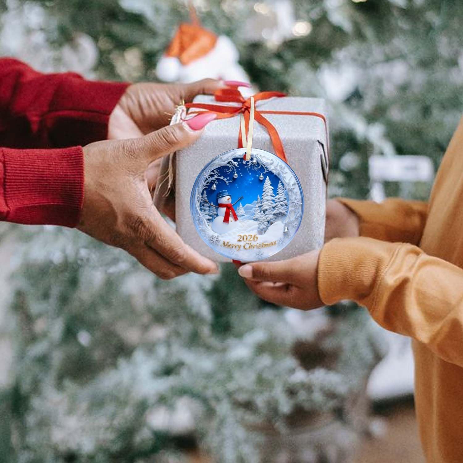Christmas Ornaments 2026, Snowman Christmas Ornaments, Exchange for Women, Men, Collectible Dated Year Ornaments for Tree, Unique Suncatcher, Printed Stained Ceramic Effect Decor