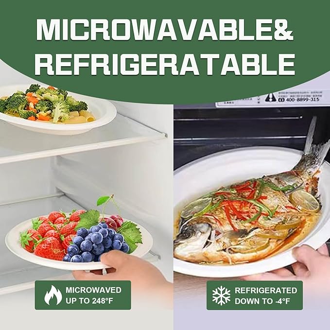 Disposable Paper Plates, 9 inch Heavy Duty Paper Plate, Soak and Cut Proof, Natural Biodegradable Bagasse Plates for Microwave, Dinner, Party, Picnic,125 Pack