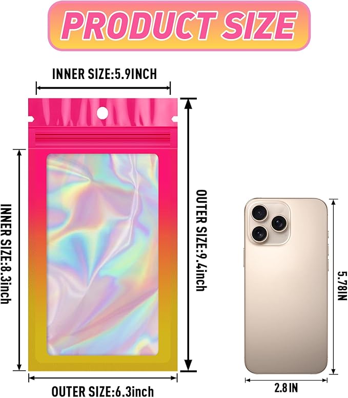 Funfery 100 Pack Gradient Holographic Bags,Mylar Resealable Bags with Zipper,Clear Window Packaging Pouchs,Smell Proof Bag for Food Storage,Sample Jewelry Bag(6.3x9.4In,Hot Pink Orange)