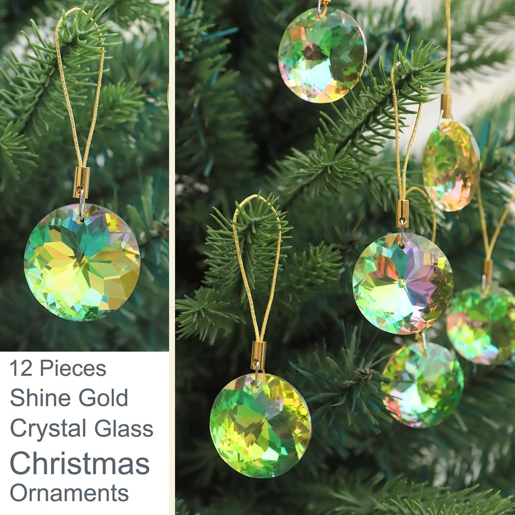 12 Pcs Crystal Glass Christmas Balls Ornaments, 1.18″ Mini Round Prism Flower Xmas Tree Decorations, Hanging Ornament for Wedding Party Home Decor (Sparkly Gold)