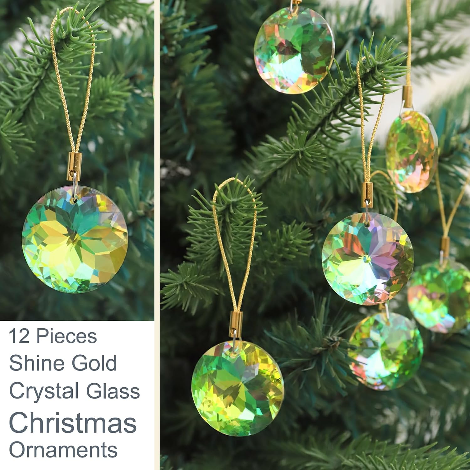 12 Pcs Crystal Glass Christmas Balls Ornaments, 1.18″ Mini Round Prism Flower Xmas Tree Decorations, Hanging Ornament for Wedding Party Home Decor (Sparkly Gold)