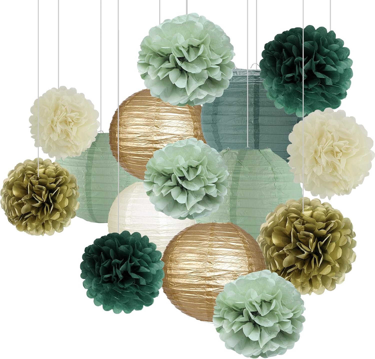Sage Green Party Decorations, Paper Lanterns and Pom Poms Flowers for Birthday Party Baby Shower Wedding Shower Decor Gold/Ivory/Sage Green 15pcs
