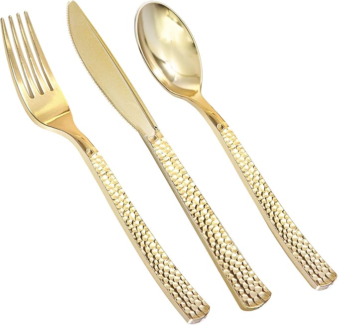 Supernal 180 pieces Gold Plastic Silverware, Disposable Plastic Utensils Heavy Duty, Gold Disposable Silverware Sets Include 60 Knives, 60 Forks and 60 Spoons, Suitable for Party, Birthday, Wedding