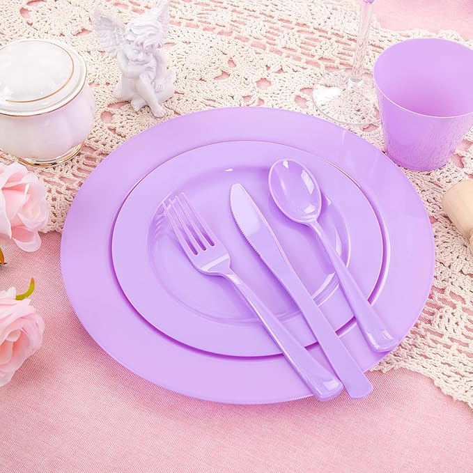 KIRE 150 PCS Purple Plastic Plates - Purple Dinnerware Set Disposable 25 Dinner & 25 Salad Plates 25Forks 25Knives 25Spoons 25Clear Cups for Birthday/Baby Shower