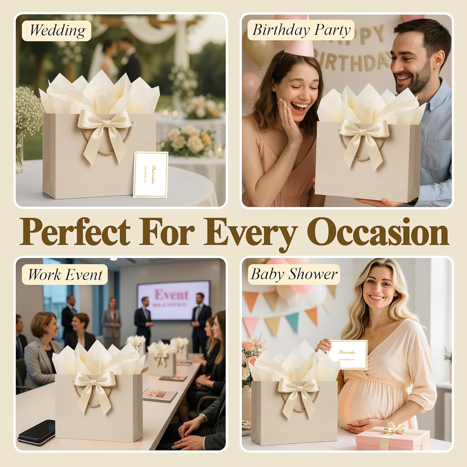 ANZNKU Gift Bags Medium with Handles with Ribbon Card and 2 Tissue Paper, 1 Pcs Cute Champagne Beige Paper Gift Wrap Bag for Wedding Party Favors Birthday Baby Bridal Shower Engagement & Graduation