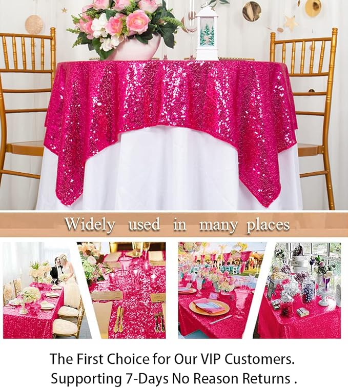 ShinyBeauty Sequin Tablecloth 54x54 Inches - Hot Pink Glitter Table Cover for Dining, Birthday Wedding Party Decorations, Reusable Sparkling Table Overlay Event Decoration