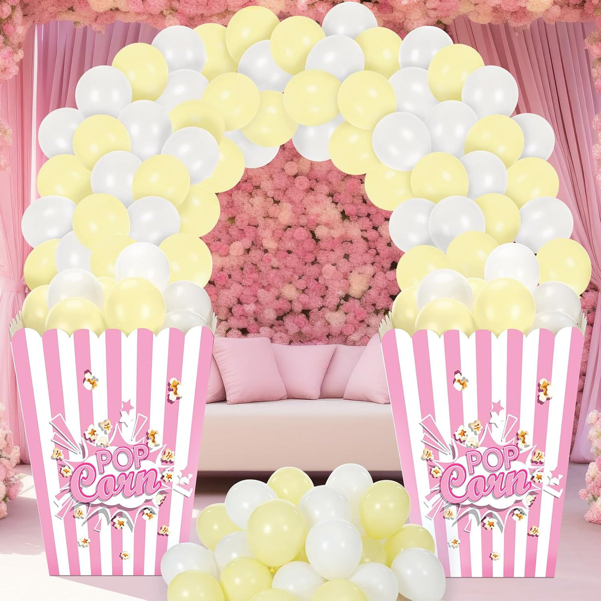 sosation giant popcorn box prop cardboard with balloons, side view