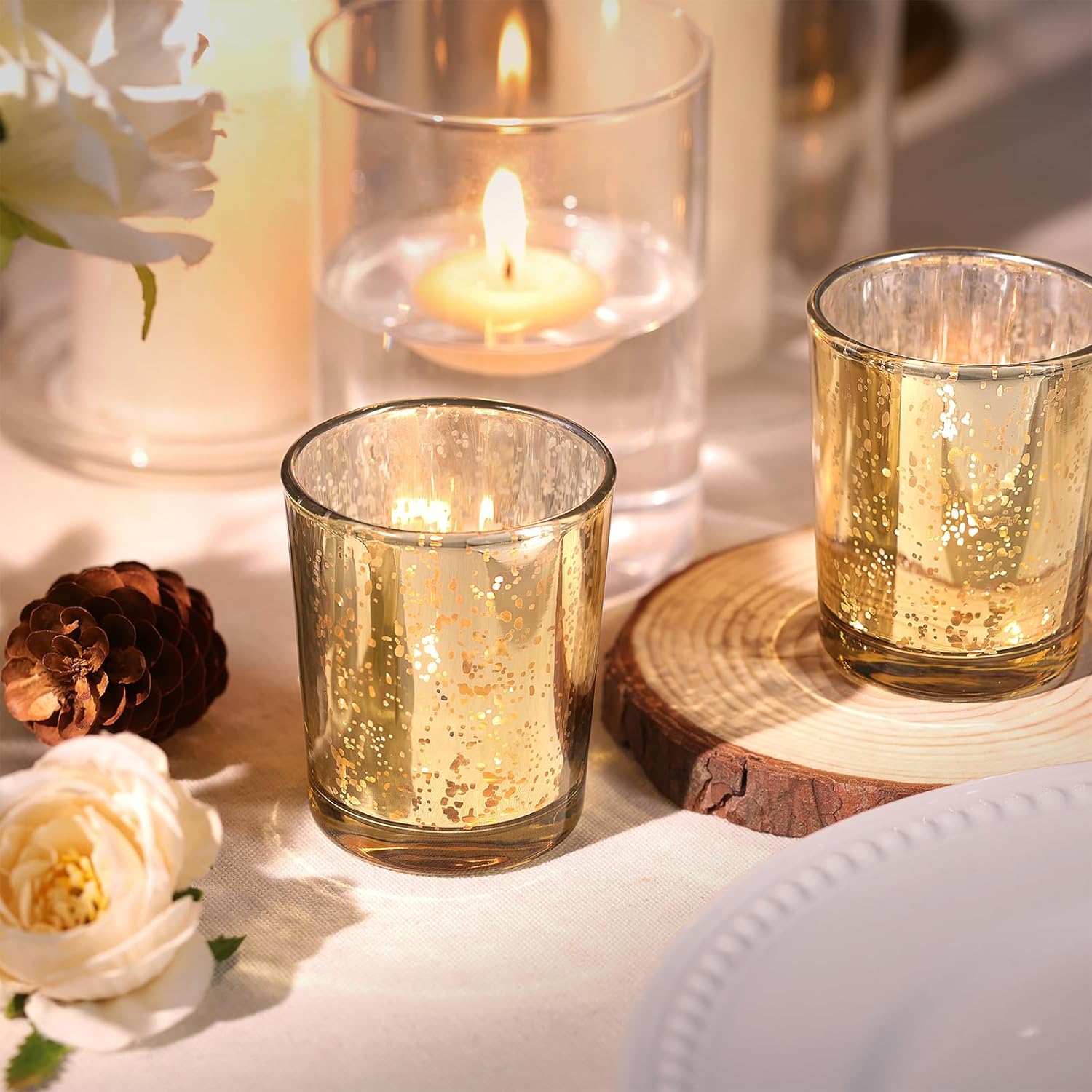 LETINE Gold Votive Candle Holders Set of 36 - Speckled Mercury Gold Glass Candle Holder Bulk - Ideal Spring Summer Decor for Wedding Centerpiece Table，Valentine's Day Decorations Indoor