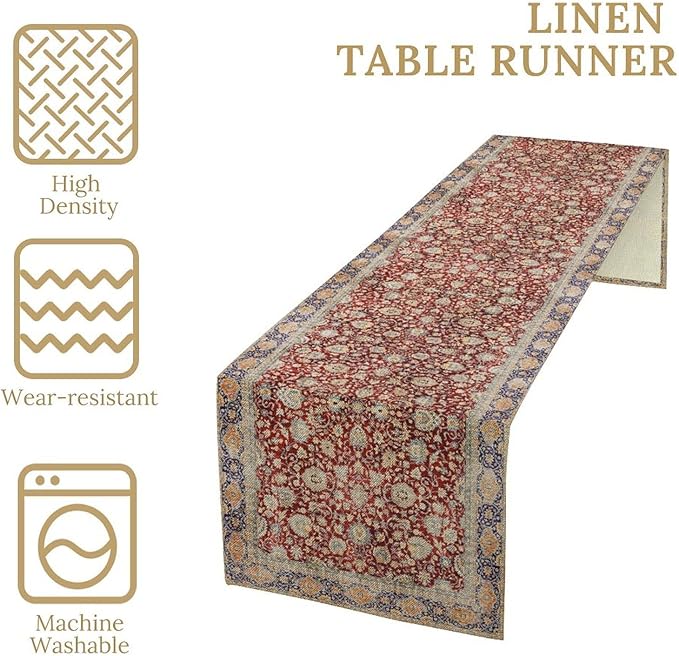 Boho Bohemia Style Table Runner, Vintage Red Blue Retro Flower Rustic Country Style Floral Print Pattern for Home Kitchen Table Decor Dining Coffee Room Garden Party Decor 13x36in