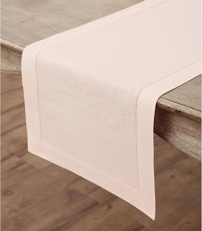 Solino Home Linen Pink Table Runner 36 Inches - Classic Hemstitch, 100% Pure Linen Coffee Table Runner 14 x 36 Inch Ideal for Dresser Tables - Halloween