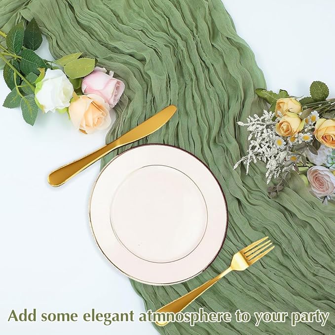 Olive Green Cheesecloth Table Runner -21*120Inch Long Boho Wedding Table Decor, Rustic Gauze Fabric Runner for Bridal Showers, Baby Showers & Parties (Sheer, Lightweight, Wrinkled Design)