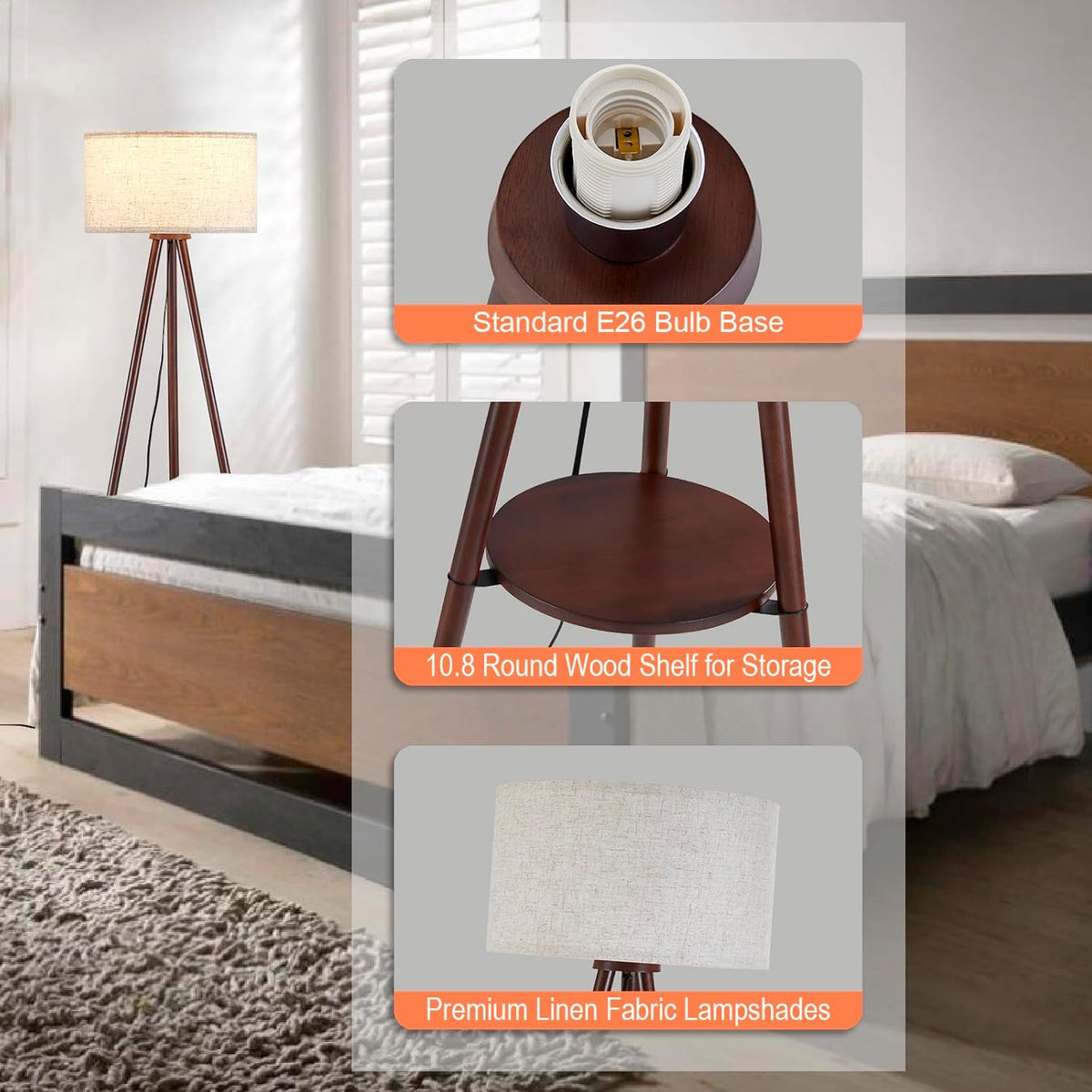 btp wood tripod floor lamp for living room on a desk or shelf