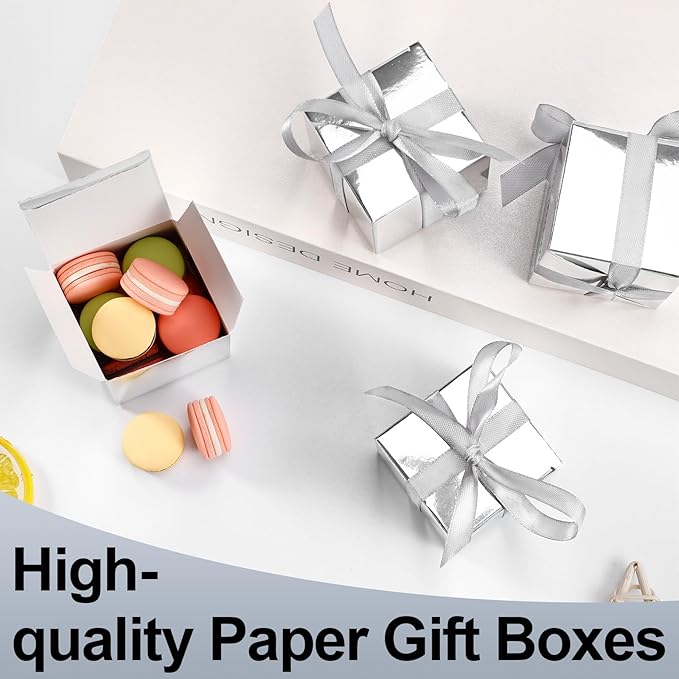 COCPOK 50 Pack Silver Gift Boxes, 2x2x2 inch Gift Box, Small Candy Boxes with Lids and Ribbons, Paper Favor Box for Wedding Bridal Shower Baby Shower Birthday Party