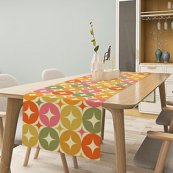 Mid Century Table Runner, Flag Retro Atomic Starburst 1950s Abstract Geometric Space Tabletop Decoration for Home Kitchen Restaurant Table Flag 13x90 Inch