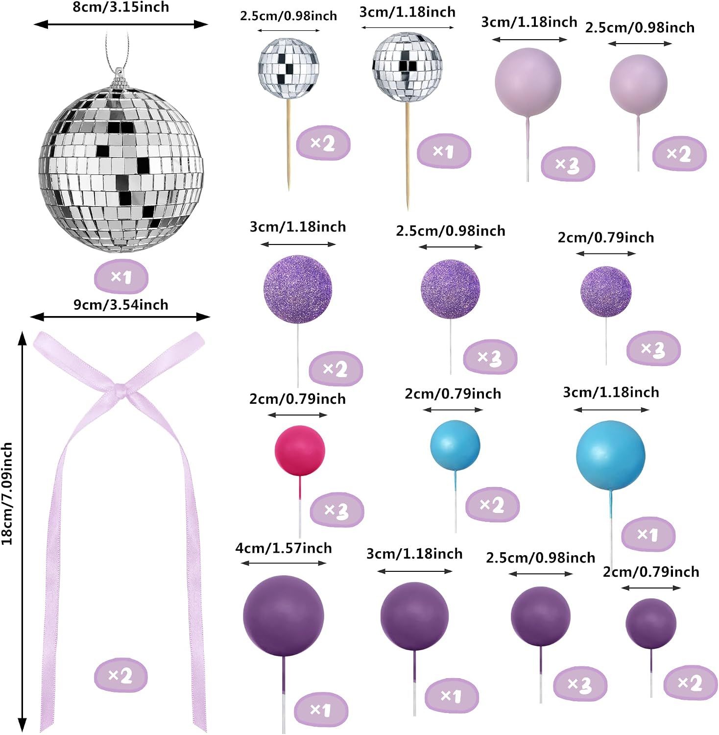 32 PCS Disco Purple Pink Blue Ball Cake Topper for Wedding Birthday Baby Shower Party Cake Decoration Supplies