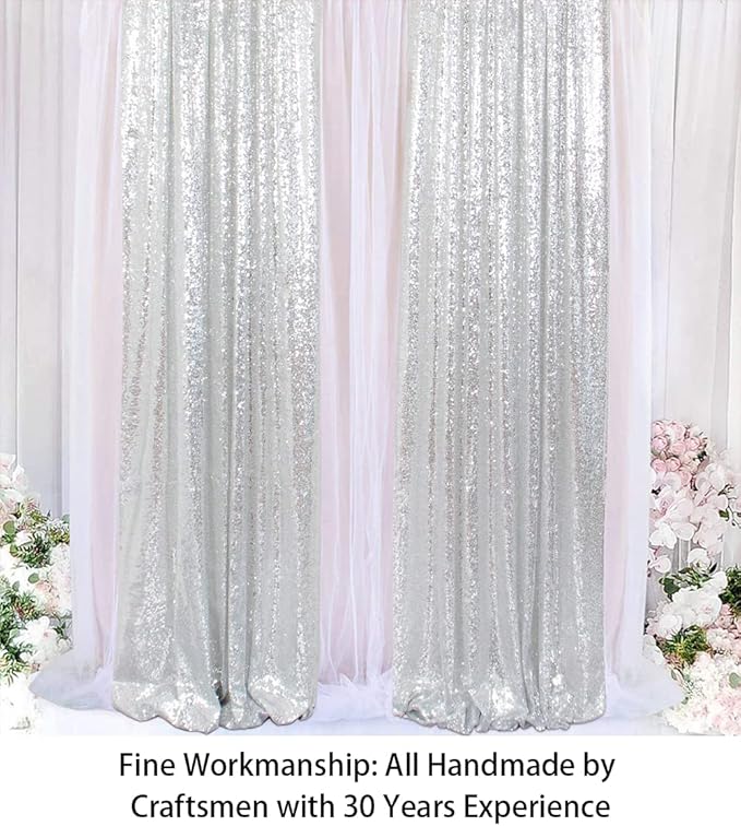 ShinyBeauty Sparkle Backdrop Curtain Silver 2 Panels Set Sequin Photo Backdrop 2FTx8FT Sequin Backdrop Curtain Pack of 2-1220S
