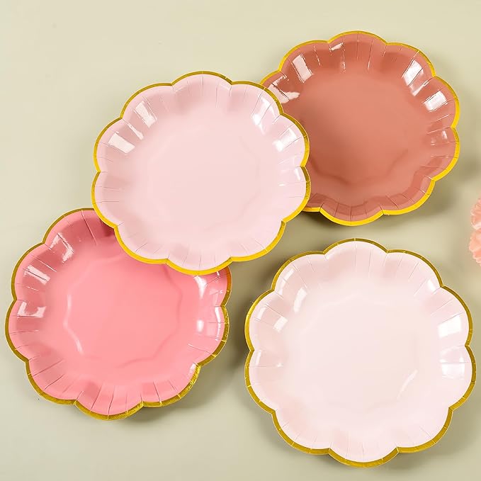 Dusty Pink Gradient Color Dessert Paper Plates, 7 inch Gold Foil Scalloped Edge, Disposable Cake Plates for Tea Party, Birthday, Baby Shower, Wedding Party Supplies (48, Dusty Pink)
