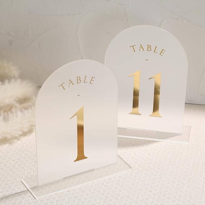 UNIQOOO Frosted Arch Wedding Table Numbers 1-20, Gold Foil Printed 5x7 Acrylic Display Signs and Holders, Pack of 20, Perfect for Centerpiece, Reception, Decoration, Party, Anniversary, Event