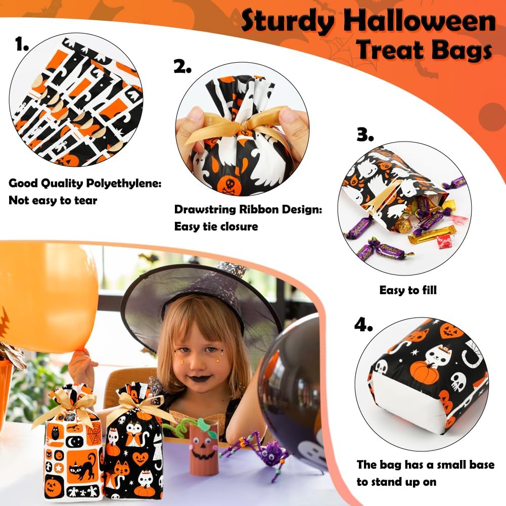 Shintop Halloween Treat Bags, 50PCS Small Candy Bags Drawstring Reusable Plastic Goodie Gift Pouches Party Favors Supplies for Trick or Treat Sweets Cookies (Ghosts, Black Cats, Pumpkins)