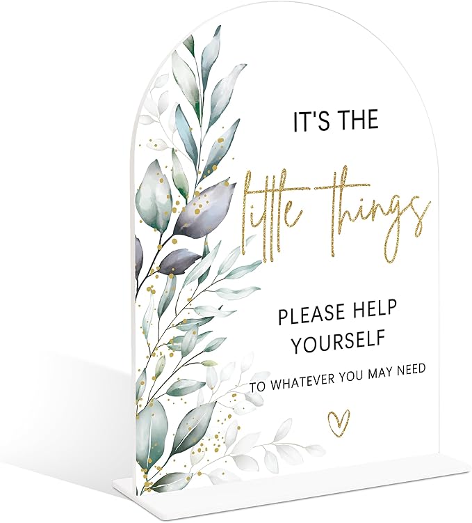 Acrylic Wedding Signs, Greenery Theme It's The Little Things Please Help Yourself Sign, Wedding Reception Signage, Bridal Shower Table Decor with Stand, Anniversary, Newlywed Events Supplies, 15