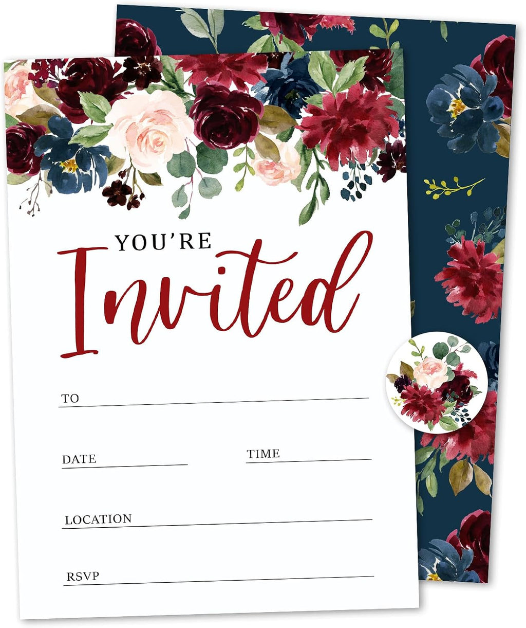 Whaline 25 Sets Flower Invitations with Envelopes Stickers Watercolor Floral Leaves Invitation Cards Blank Invites for Wedding Bridal Baby Shower Birthday Dinner Party, 5 x 7 Inch