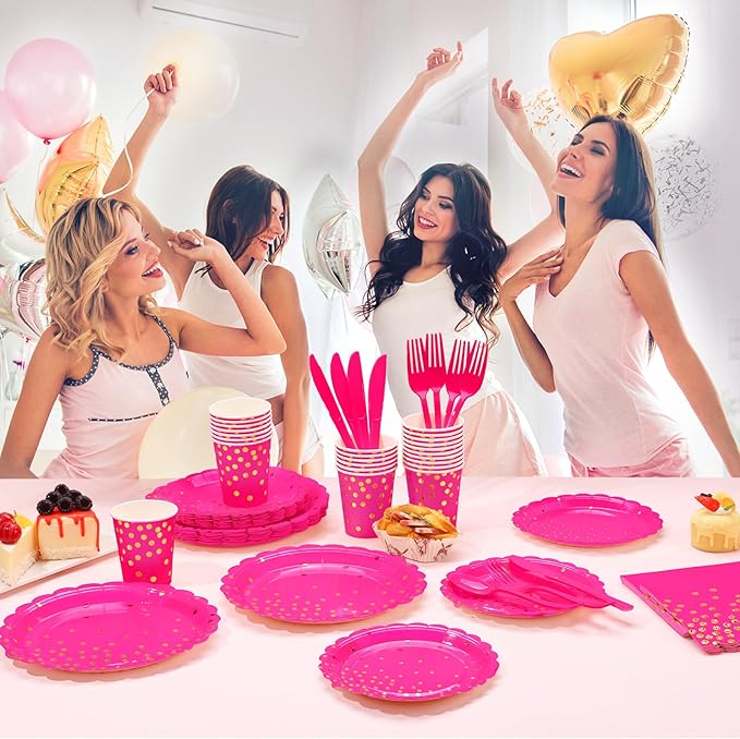 175Pcs Pink Party Supplies, Hot Pink Paper Plates and Napkins Include Scalloped Plates Napkins Cups Plastic Cutlery Set for Bridal Shower Girl Birthday