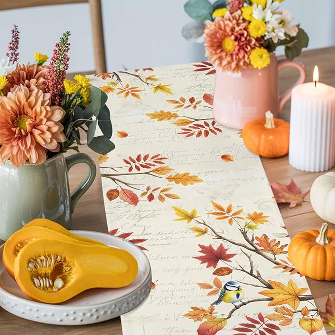 Thanksgiving Fall Cotton Linen Table Runner for Dining Kitchen, Blue Pumpkins Rustic Wedding Outdoor Party Autumn Tablerunners Decoration, Leaves Dresser Scarf Coffee Tablecloth Runners 13x36 Inches