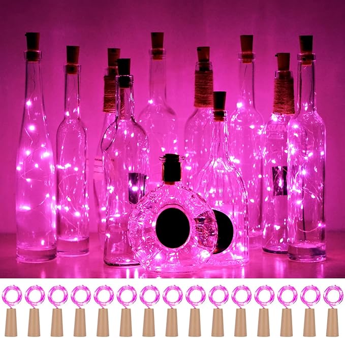 Wine Bottle Lights with Cork 15Pack 10 LED 40 Inches Battery Operated Silver Wire Liquor Fairy Mini String Lights for Party Christmas Halloween Wedding Decoration (Pink)