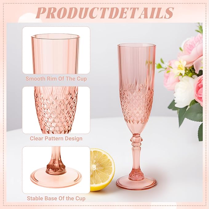Plastic Champagne Flutes, 24PCS Rose Gold Wine Glasses Goblets Cups Reusable Flute, for Weddings Bachelor Parties Toasting and Events(24, Rose Gold)