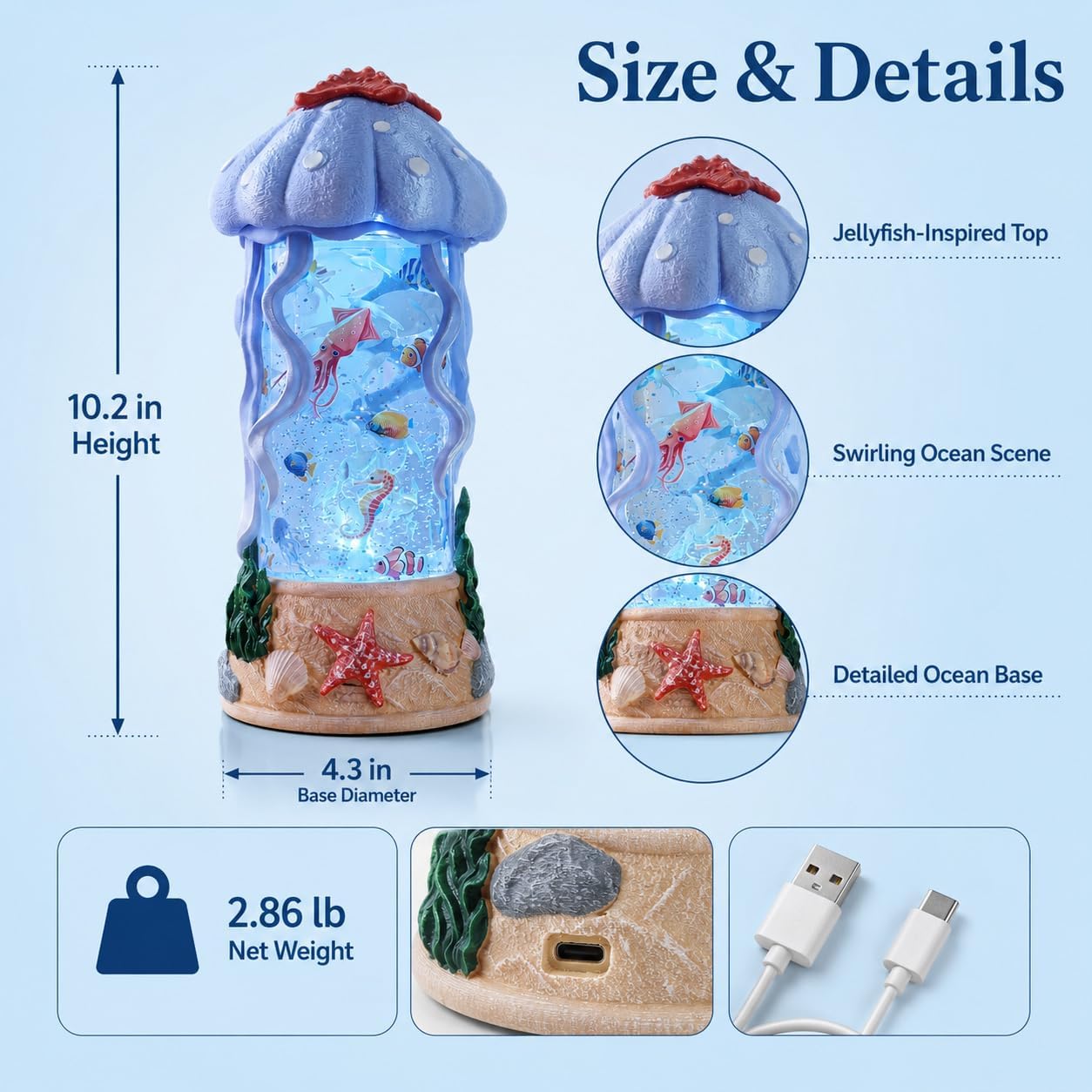 Jellyfish Night Light Water Snow Globe with Music and 2 Soothing Melodies, Rotating Ocean Scene Lamp with 6 Hours Timer, USB Powered or 3 AA Battery Operated Gift for Kids Adults Bedroom Nursery