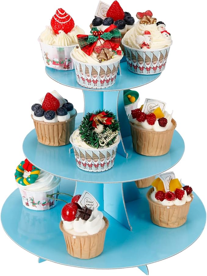3-Tier Cupcake Stand, Cake Stand holder, Tiered DIY Cupcake Stand Tower for Dessert Table Displays, Birthday Theme Party Favors Decoration, Floral Tea Party, 12" W x 12.8" H, Light Blue
