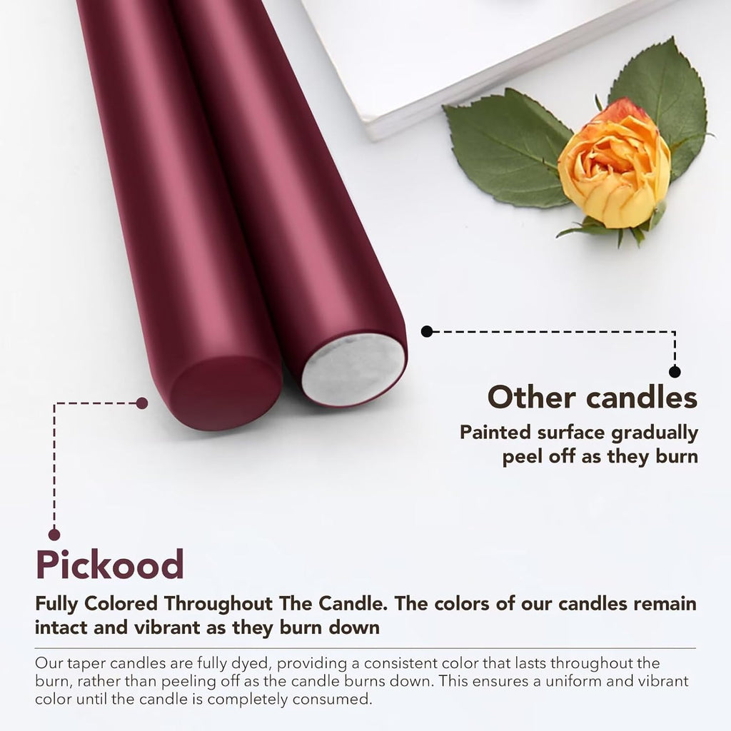 New Burning Formula Unscented Dripless 10-Inch Taper Candles Set of 12 - Burgundy, for Wedding, Dinner - Smokeless, Long Burning - Hand Poured, Colored Tall Candlesticks - Burdeos