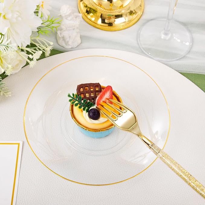 Liacere 150PCS Clear Gold Plastic Plates - Gold Plastic Silverware with Glitter Handle - Clear Disposable Plates Include 30 Guests Plates, Forks, Spoons, Knives for Wedding & Party&Chrismas