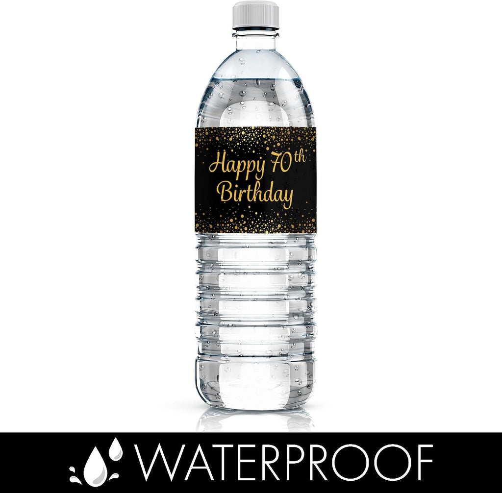70th Birthday Party Water Bottle Labels – Black & Gold Birthday Decorations, 20 Stickers