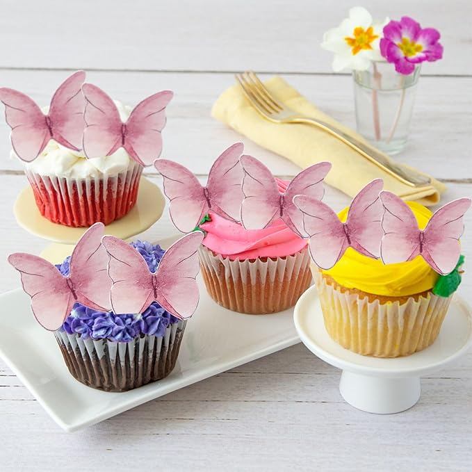 Ephlyn 48Pcs Edible Butterfly Cupcake Toppers Cute 3D Butterfly Cake Picks for Butterfly Theme Baby Shower Bridal Shower Boys Girls Birthday Party Cake Decorations Supplies Pink