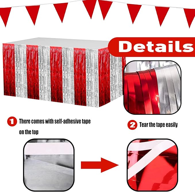 4 Pack 29x108 Inch Metallic Foil Fringe Tinsel Table Skirts for Rectangle Tables Streamer Backdrop for Wedding, Birthday, Parade Floats, Christmas, Halloween Party Decoration(Red Silver)