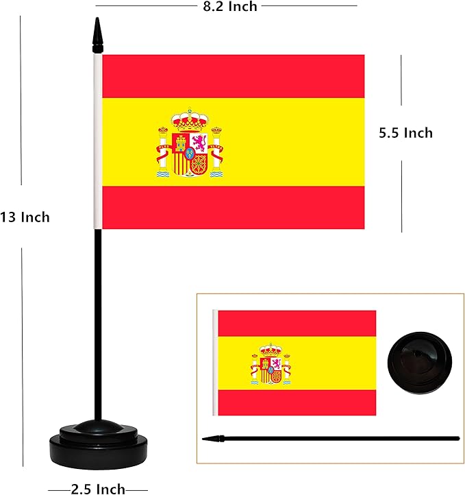 12 Pack Spain Desk Flags Set, Spanish Small Mini Table Office Flags With 12" Solid Black Pole, Black Base and Spear Top, Miniature Desktop Flag, Home Decoration, Office Decoration, Festival