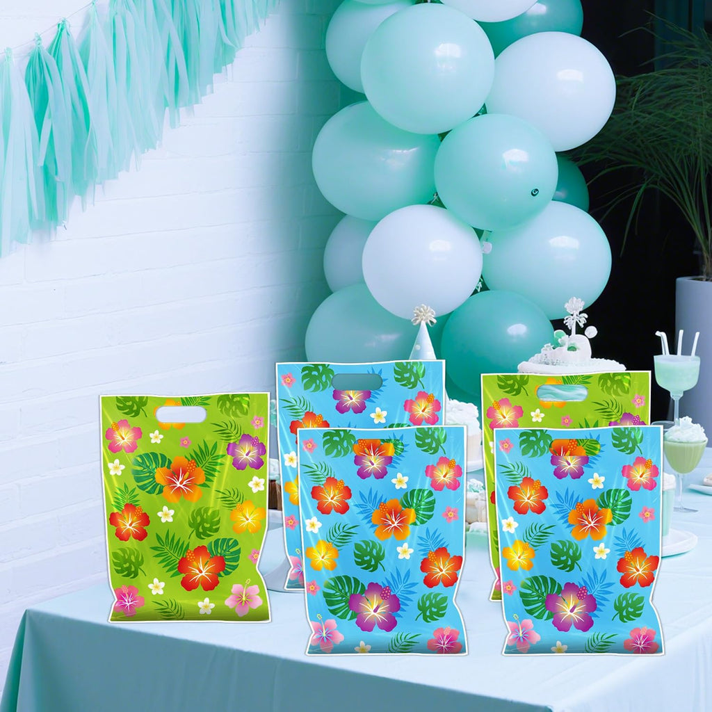 Aposwow Hawaiian Luau Party Favor Bags - 50 Pcs Hibiscus Flower Goodie Candy Gifts Bags Tropical Plastic Treat Favor Supplies Summer Moana Decorations For Hawaiian Luau Party