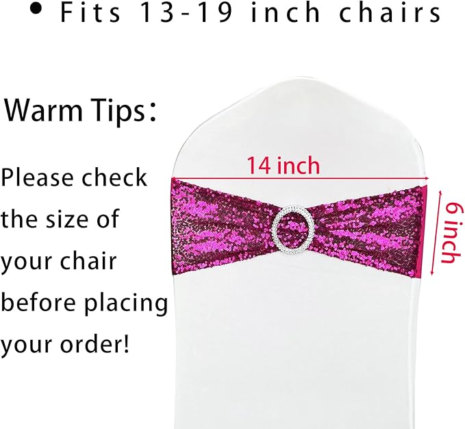 25 Pcs Sequin Chair Sashes Stretch Chair Bands Spandex Polyester Bows for Party Hotel Wedding Banquets Decoration - Magenta