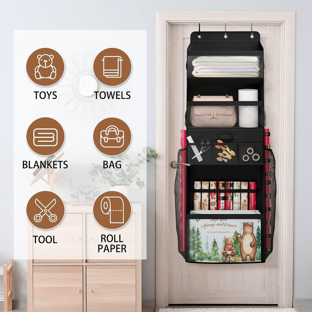 Over Door Wrapping Paper Organizer Storage with Removable Drawer & Side Pockets, Multi-Purpose Over the Door Gift Wrapping Organizer for Gift Bags, Paper, Ribbons, Bows, Ornament and Other Tools