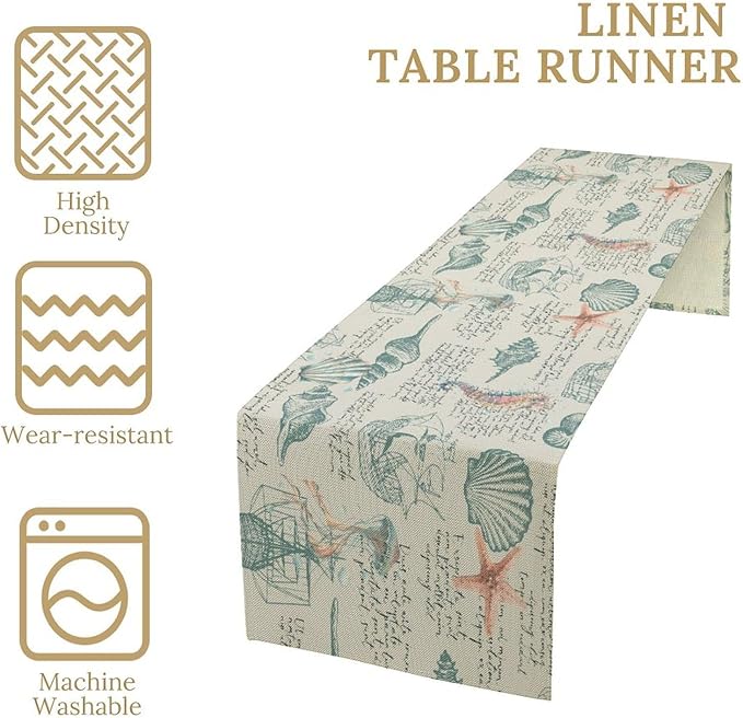 Starfish Table Runner,Seashells Beach Coastal Nautical Sailboat Jellyfish Vintage Hand Drawn Burlap for Hotel Indoors Outdoor Dining Room Kitchen Table Decor, 13x90in