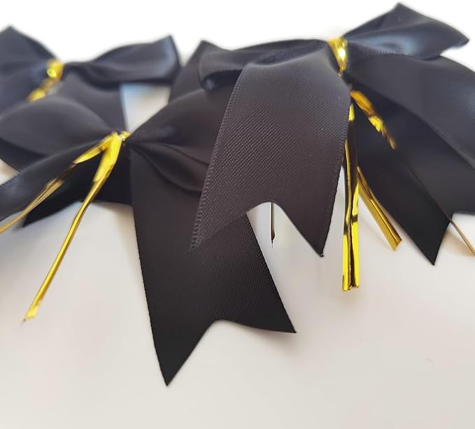 50pcs 3-1/2" Black Satin Ribbon Bows with Twist Ties Fish Tail Cutting Satin Bows(Black)
