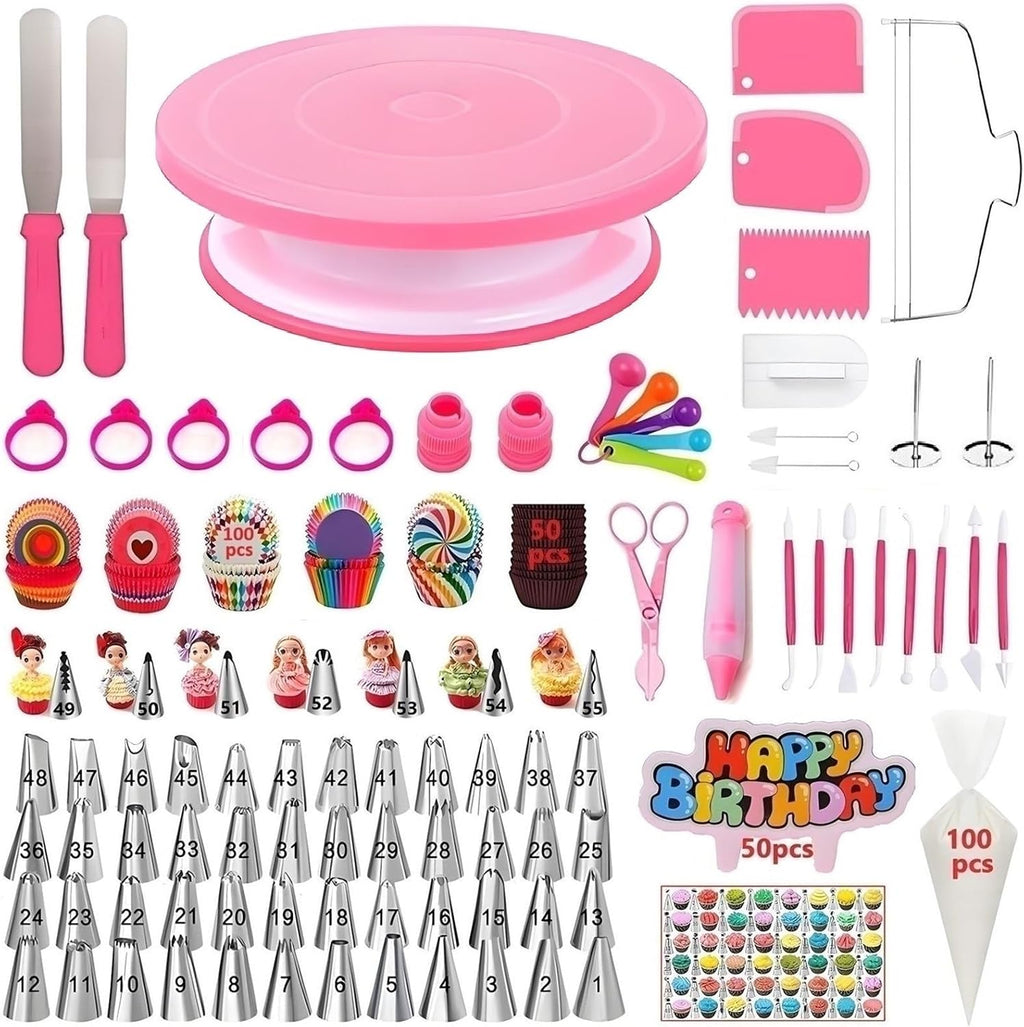 Cake Decorating Kit, 390 Pcs Baking Supplies (Pink) | Cake Turntable, Leveler, 55 Numbered Icing+Skirt Tips, 2 Spatulas, 3 Scrapers, 100 Pastry Bags,150 Cupcake Liners & More