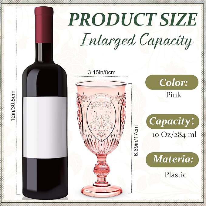 36 Pack Plastic Goblets 10oz Upgrade Vintage Water Goblet Plastic Wine Glasses Colored Retro Embossed Glassware for Party Wine Bar Juice Baby Shower Wedding Reception Grand (Pink)