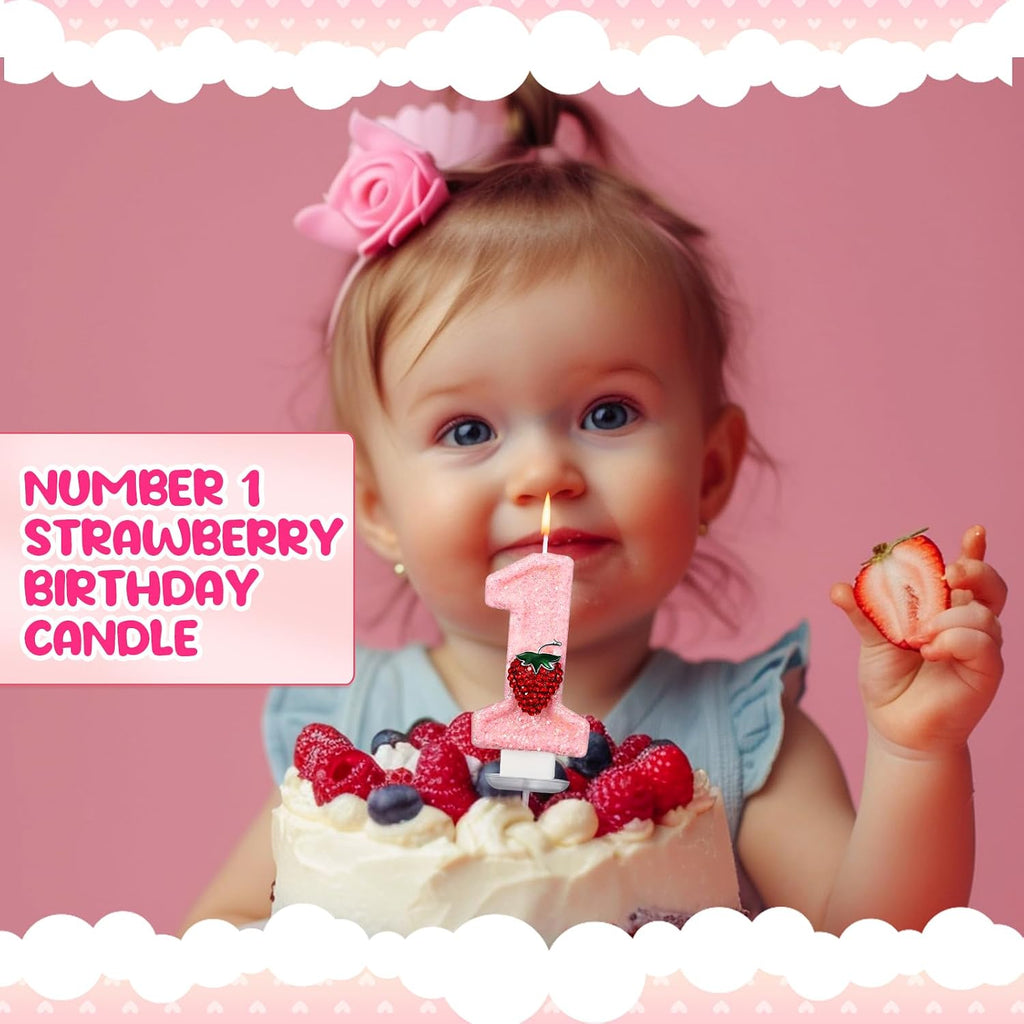 Conelist Strawberry 1 Candle for First Birthday Pink Number 1 Candle Berry One Glitter Cake Topper for Strawberry 1st Birthday Party Supplies Anniversary Decorations