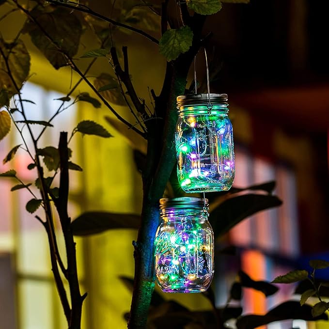 VOOKRY 12 Pack Solar Mason Jar Lights, 30 LED Mason Jar Lids Waterproof Firefly Fairy String Lights with 12 Hangers(No Jars), for Outdoor Patio Garden Yard Lawn Party Wedding Decoration - Multicolor