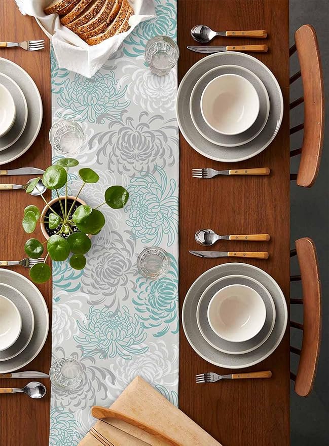 Auqa Chrysanthemum Cotton Linen Table Runner for Dining Kitchen, Wedding Outdoor Party Tablerunners Decoration, Farmhouse Floral Botanical Leaves Dresser Scarf Coffee Tablecloth Runners 13x48 Inches