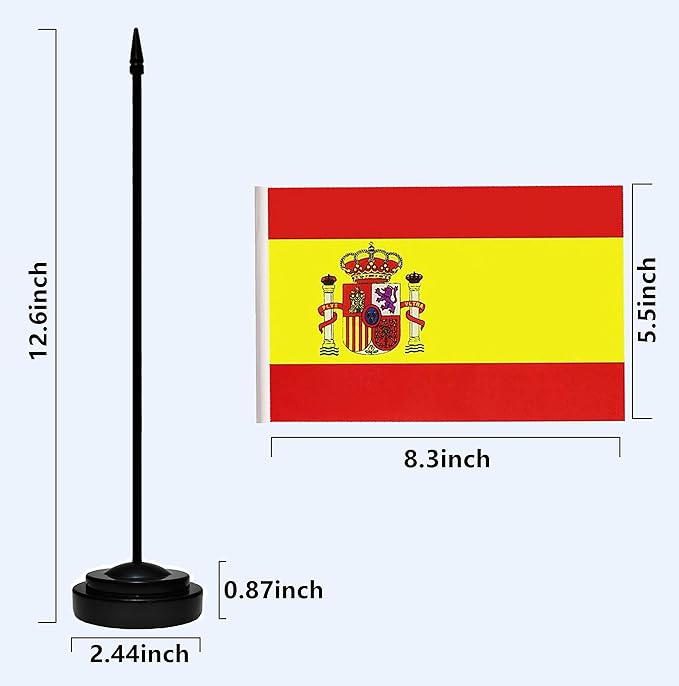 Spain Spanish Deluxe Desk Flag Set, Small Mini Miniature Spain Spanish Table Desktop Flags With Solid Pole, Black Base and Spear Top(2 Pack)